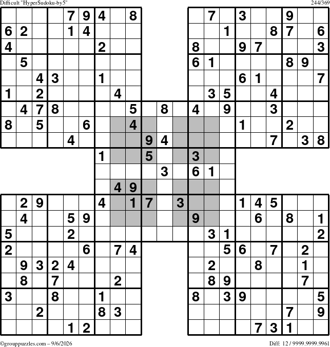 The grouppuzzles.com Difficult HyperSudoku-by5 puzzle for Sunday September 6, 2026