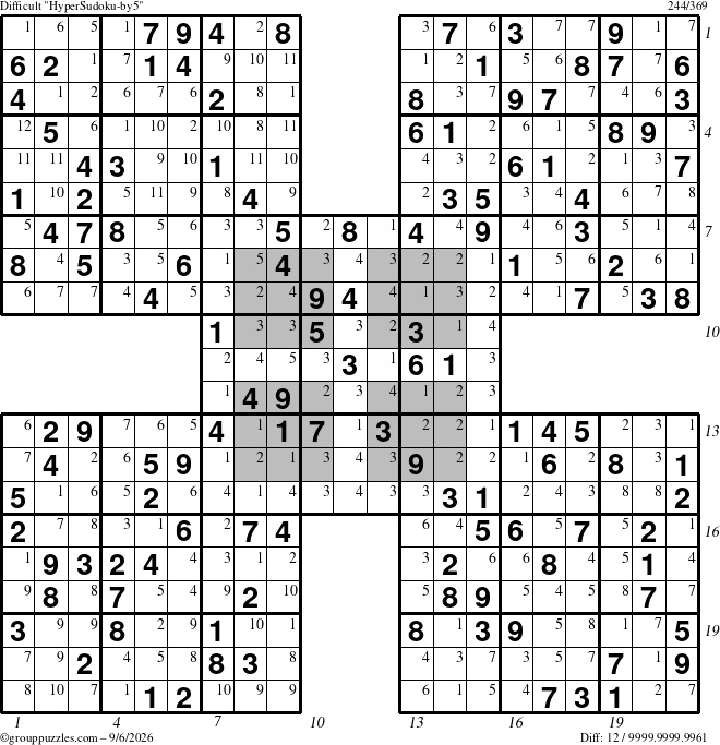 The grouppuzzles.com Difficult HyperSudoku-by5 puzzle for Sunday September 6, 2026 with all 12 steps marked