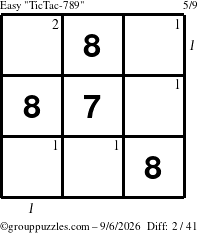 The grouppuzzles.com Easy TicTac-789 puzzle for Sunday September 6, 2026 with all 2 steps marked