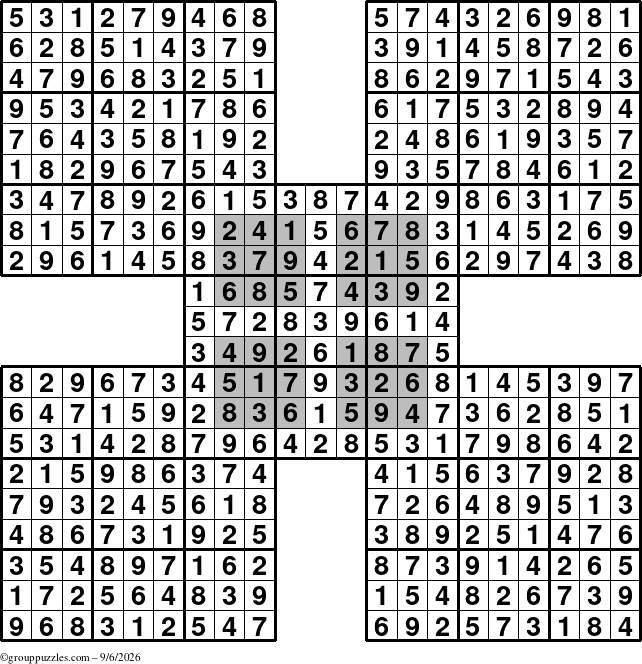 The grouppuzzles.com Answer grid for the HyperSudoku-by5 puzzle for Sunday September 6, 2026