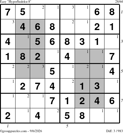 The grouppuzzles.com Easy HyperSudoku-8 puzzle for Sunday September 6, 2026 with all 3 steps marked