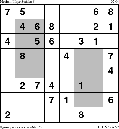 The grouppuzzles.com Medium HyperSudoku-8 puzzle for Sunday September 6, 2026