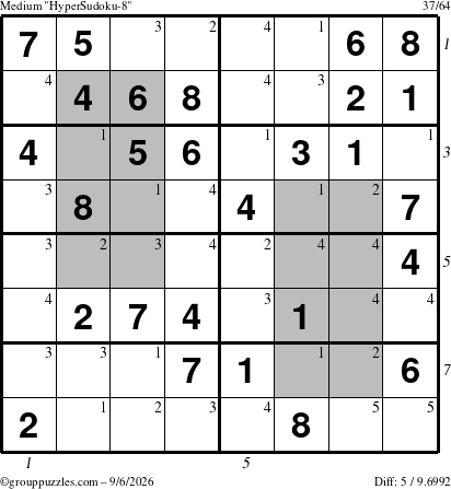 The grouppuzzles.com Medium HyperSudoku-8 puzzle for Sunday September 6, 2026, suitable for printing, with all 5 steps marked
