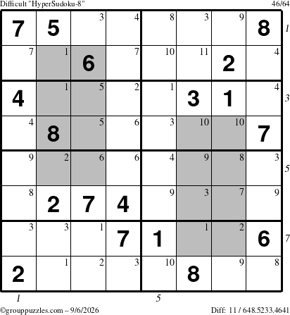 The grouppuzzles.com Difficult HyperSudoku-8 puzzle for Sunday September 6, 2026, suitable for printing, with all 11 steps marked