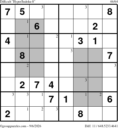 The grouppuzzles.com Difficult HyperSudoku-8 puzzle for Sunday September 6, 2026 with the first 3 steps marked