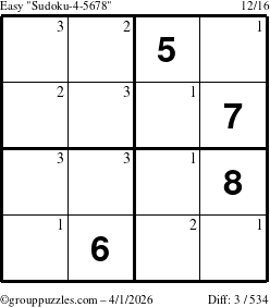 The grouppuzzles.com Easy Sudoku-4-5678 puzzle for Wednesday April 1, 2026 with the first 3 steps marked