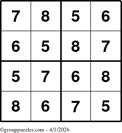 The grouppuzzles.com Answer grid for the Sudoku-4-5678 puzzle for Wednesday April 1, 2026