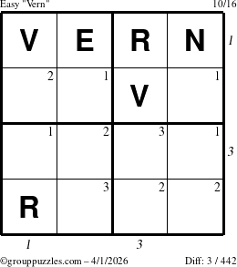 The grouppuzzles.com Easy Vern puzzle for Wednesday April 1, 2026 with all 3 steps marked