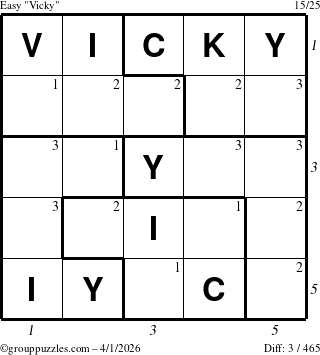 The grouppuzzles.com Easy Vicky puzzle for Wednesday April 1, 2026, suitable for printing, with all 3 steps marked
