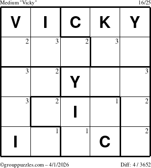 The grouppuzzles.com Medium Vicky puzzle for Wednesday April 1, 2026 with the first 3 steps marked