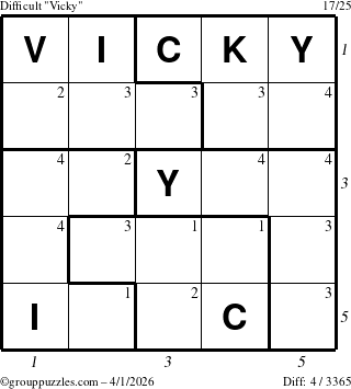 The grouppuzzles.com Difficult Vicky puzzle for Wednesday April 1, 2026 with all 4 steps marked