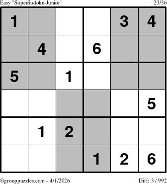 The grouppuzzles.com Easy SuperSudoku-Junior puzzle for Wednesday April 1, 2026