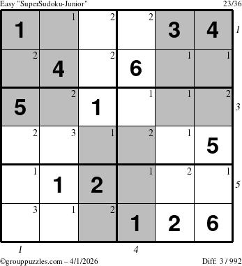 The grouppuzzles.com Easy SuperSudoku-Junior puzzle for Wednesday April 1, 2026, suitable for printing, with all 3 steps marked