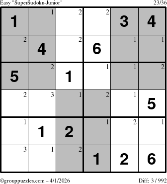 The grouppuzzles.com Easy SuperSudoku-Junior puzzle for Wednesday April 1, 2026 with the first 3 steps marked