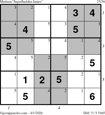 The grouppuzzles.com Medium SuperSudoku-Junior puzzle for Wednesday April 1, 2026 with all 5 steps marked