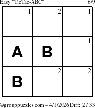The grouppuzzles.com Easy TicTac-ABC puzzle for Wednesday April 1, 2026 with the first 2 steps marked