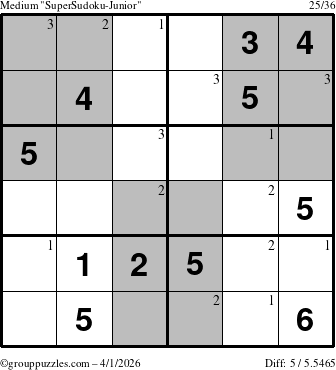 The grouppuzzles.com Medium SuperSudoku-Junior puzzle for Wednesday April 1, 2026 with the first 3 steps marked