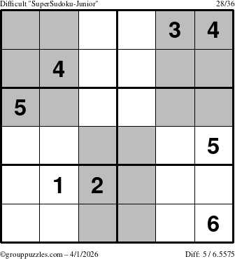 The grouppuzzles.com Difficult SuperSudoku-Junior puzzle for Wednesday April 1, 2026