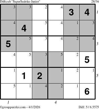 The grouppuzzles.com Difficult SuperSudoku-Junior puzzle for Wednesday April 1, 2026, suitable for printing, with all 5 steps marked