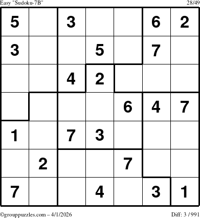 The grouppuzzles.com Easy Sudoku-7B puzzle for Wednesday April 1, 2026