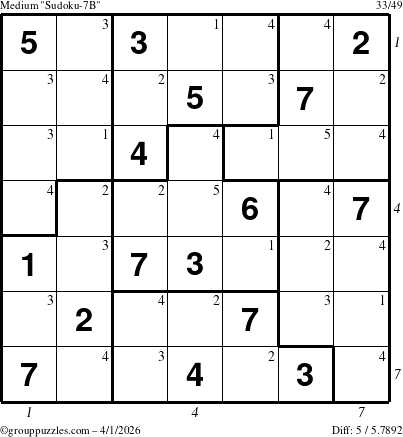 The grouppuzzles.com Medium Sudoku-7B puzzle for Wednesday April 1, 2026, suitable for printing, with all 5 steps marked