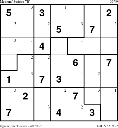 The grouppuzzles.com Medium Sudoku-7B puzzle for Wednesday April 1, 2026 with the first 3 steps marked