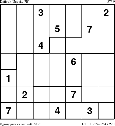 The grouppuzzles.com Difficult Sudoku-7B puzzle for Wednesday April 1, 2026