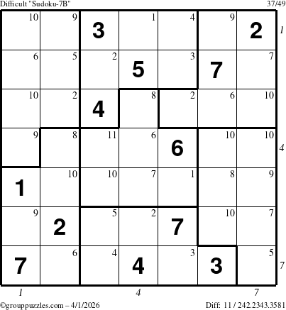 The grouppuzzles.com Difficult Sudoku-7B puzzle for Wednesday April 1, 2026, suitable for printing, with all 11 steps marked