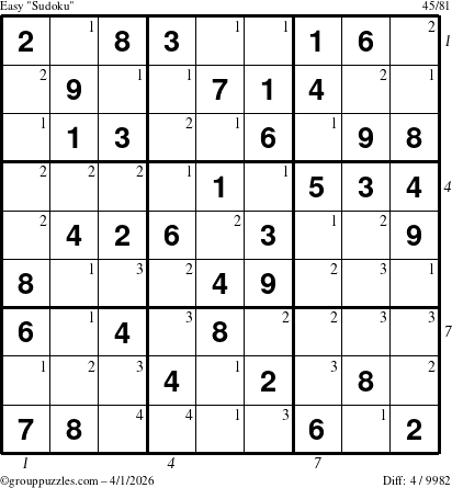 The grouppuzzles.com Easy Sudoku puzzle for Wednesday April 1, 2026 with all 4 steps marked