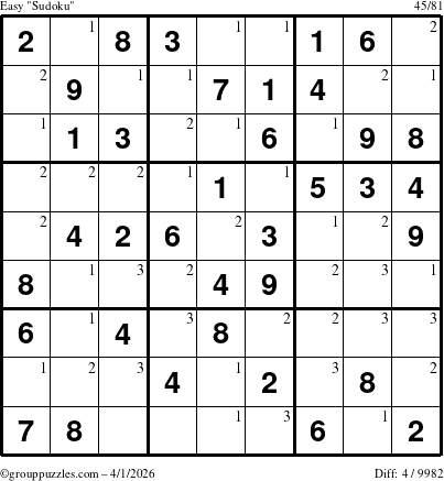 The grouppuzzles.com Easy Sudoku puzzle for Wednesday April 1, 2026 with the first 3 steps marked