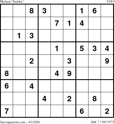 The grouppuzzles.com Medium Sudoku puzzle for Wednesday April 1, 2026