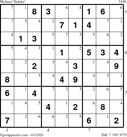 The grouppuzzles.com Medium Sudoku puzzle for Wednesday April 1, 2026 with all 7 steps marked