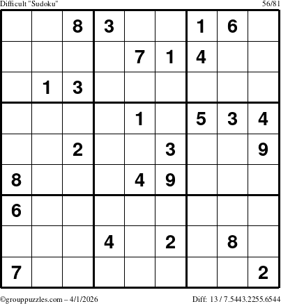 The grouppuzzles.com Difficult Sudoku puzzle for Wednesday April 1, 2026