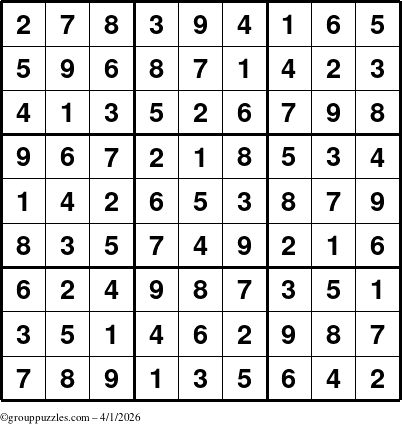 The grouppuzzles.com Answer grid for the Sudoku puzzle for Wednesday April 1, 2026