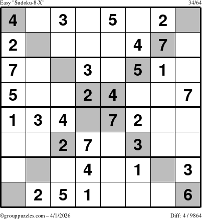 The grouppuzzles.com Easy Sudoku-8-X puzzle for Wednesday April 1, 2026