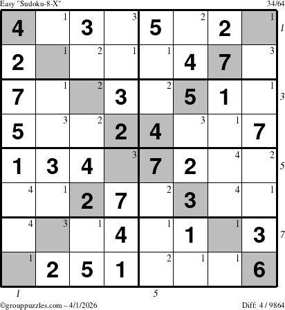 The grouppuzzles.com Easy Sudoku-8-X puzzle for Wednesday April 1, 2026, suitable for printing, with all 4 steps marked