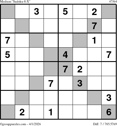 The grouppuzzles.com Medium Sudoku-8-X puzzle for Wednesday April 1, 2026