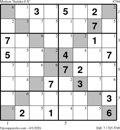 The grouppuzzles.com Medium Sudoku-8-X puzzle for Wednesday April 1, 2026 with all 7 steps marked
