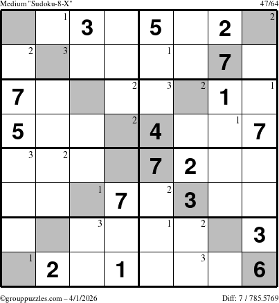 The grouppuzzles.com Medium Sudoku-8-X puzzle for Wednesday April 1, 2026 with the first 3 steps marked
