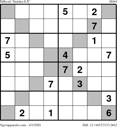 The grouppuzzles.com Difficult Sudoku-8-X puzzle for Wednesday April 1, 2026