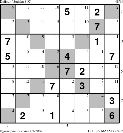 The grouppuzzles.com Difficult Sudoku-8-X puzzle for Wednesday April 1, 2026 with all 12 steps marked