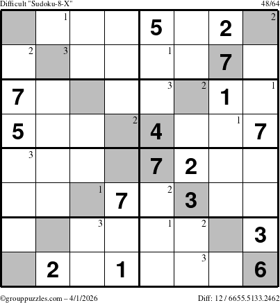 The grouppuzzles.com Difficult Sudoku-8-X puzzle for Wednesday April 1, 2026 with the first 3 steps marked