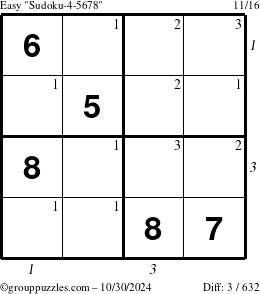 The grouppuzzles.com Easy Sudoku-4-5678 puzzle for Wednesday October 30, 2024, suitable for printing, with all 3 steps marked