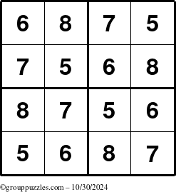 The grouppuzzles.com Answer grid for the Sudoku-4-5678 puzzle for Wednesday October 30, 2024