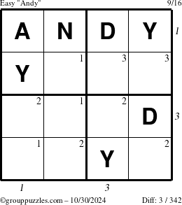 The grouppuzzles.com Easy Andy puzzle for Wednesday October 30, 2024 with all 3 steps marked