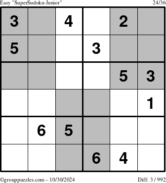 The grouppuzzles.com Easy SuperSudoku-Junior puzzle for Wednesday October 30, 2024