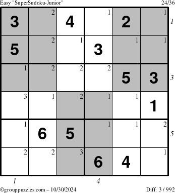 The grouppuzzles.com Easy SuperSudoku-Junior puzzle for Wednesday October 30, 2024 with all 3 steps marked