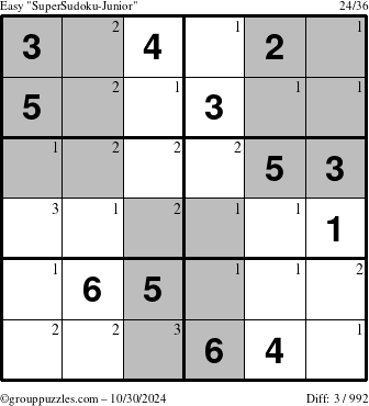 The grouppuzzles.com Easy SuperSudoku-Junior puzzle for Wednesday October 30, 2024 with the first 3 steps marked