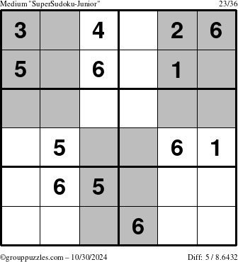 The grouppuzzles.com Medium SuperSudoku-Junior puzzle for Wednesday October 30, 2024