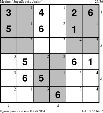 The grouppuzzles.com Medium SuperSudoku-Junior puzzle for Wednesday October 30, 2024 with all 5 steps marked